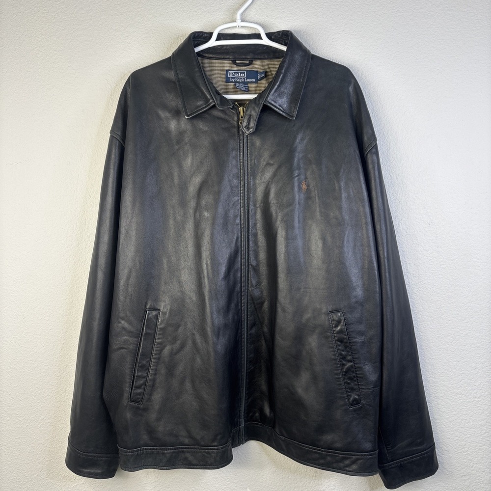 Vintage Polo Ralph Lauren Lambskin Leather Jacket Men's 2XL Full Zip Plaid Lined